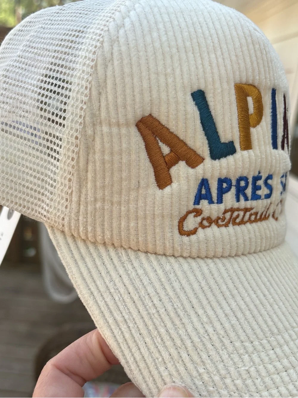 Alpine Après Ski Cocktail Club  Cream Embroidered Corduroy Cap